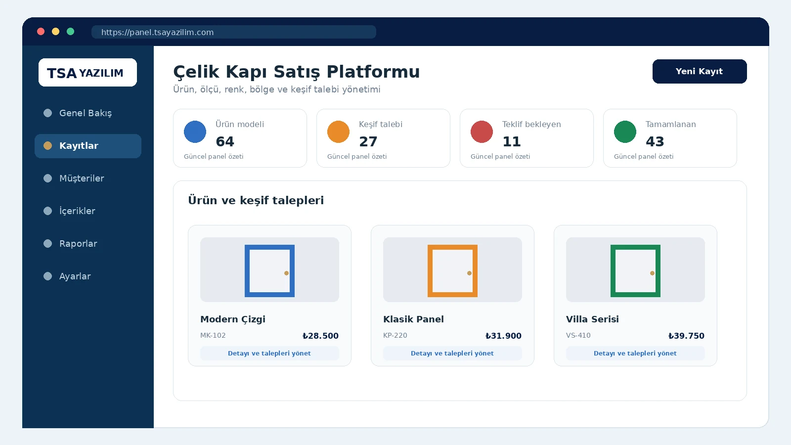 Çelik Kapı Satış Platformu proje arayüzü