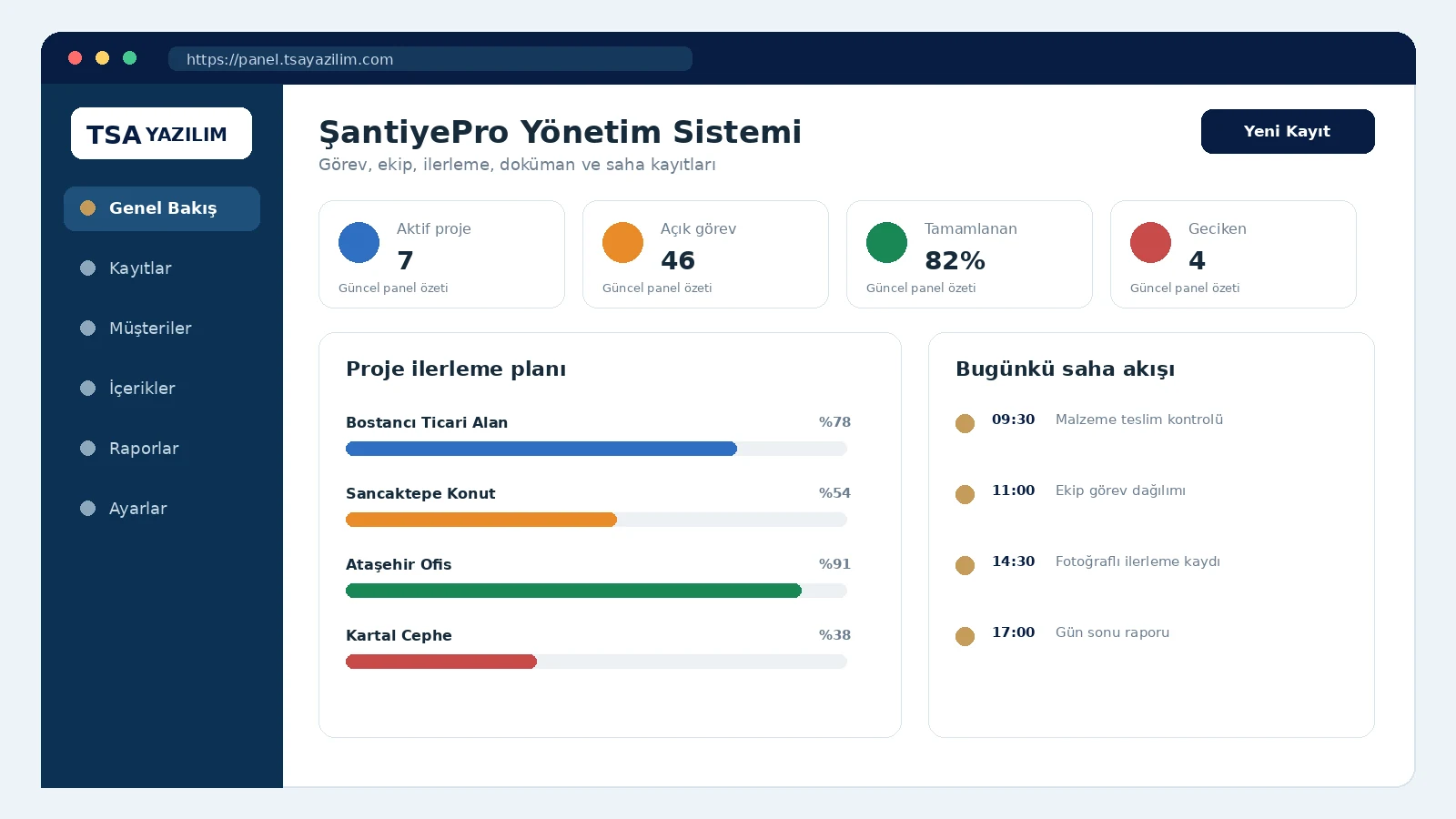 ŞantiyePro Şantiye Yönetim Sistemi proje arayüzü