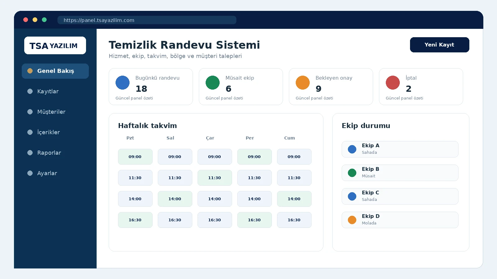 Temizlik Randevu Sistemi proje arayüzü