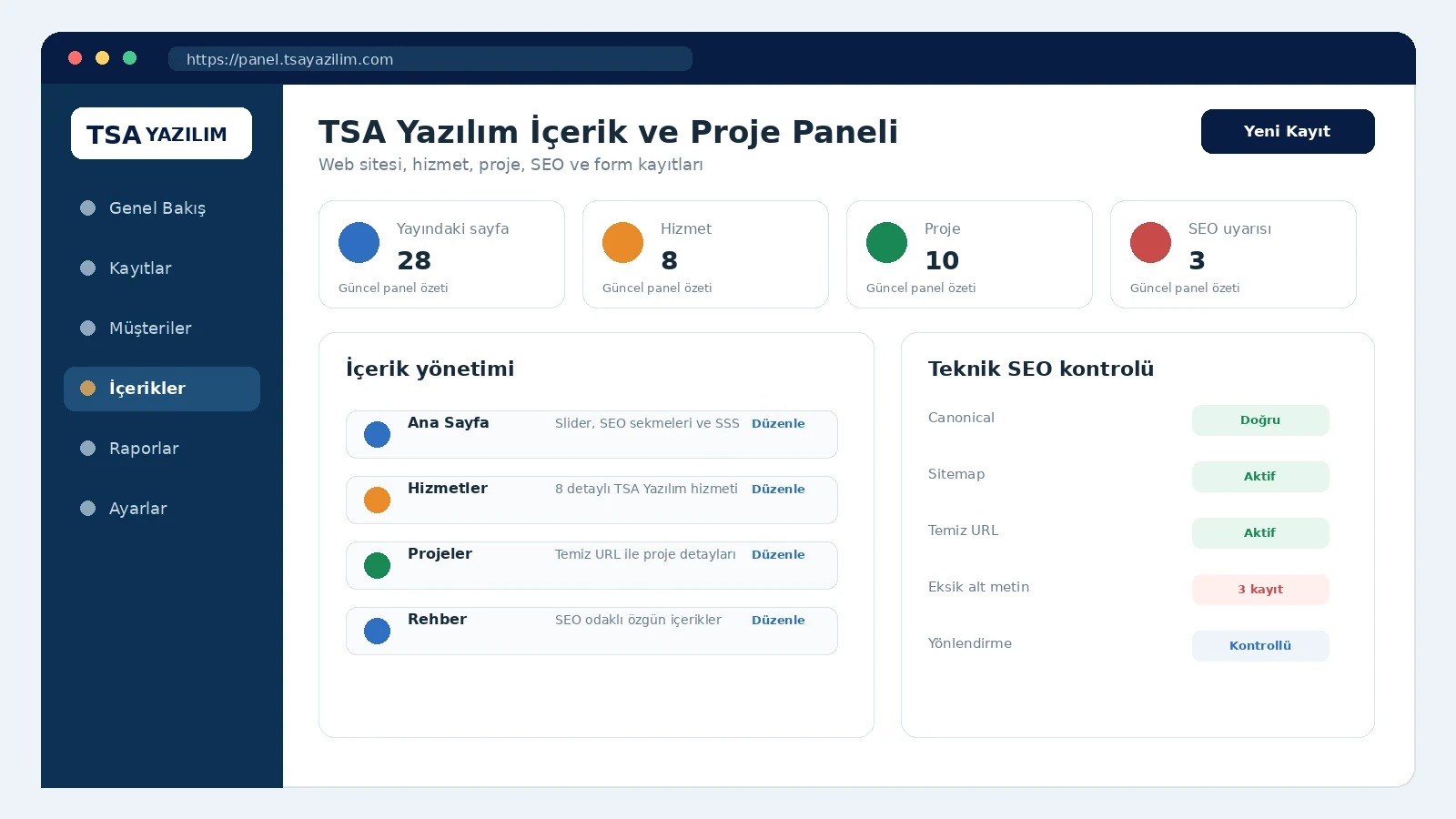 TSA Kurumsal Web Platformu proje arayüzü