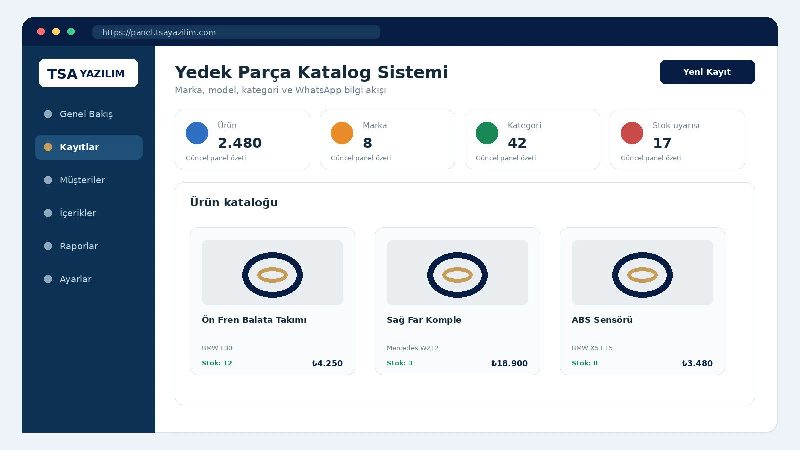 Yedek Parça Katalog Sistemi proje arayüzü